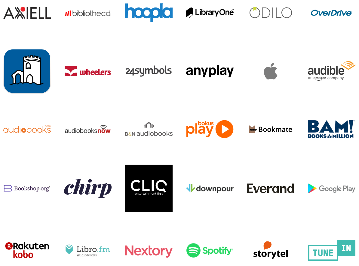 Audiobook platforms including Audible, Apple Books, Google Play, Kobo, Storytel, Libro.fm, Chirp, Nook, Scribd, Hoopla and more